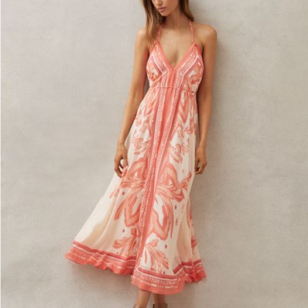 Delilah Scarf Print Satin Halter Dress In Coral